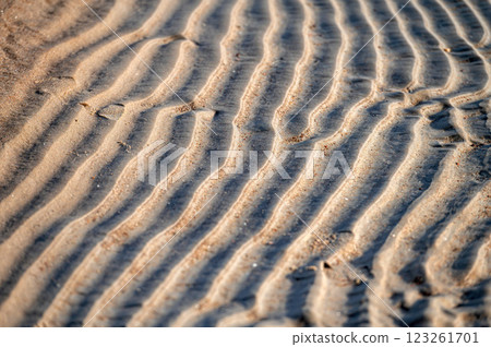 Close-up of sand pattern on the beach. Selective focus. 123261701