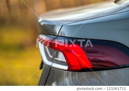 Close up of the rear lights of a modern silver car. Selective focus. 123261712