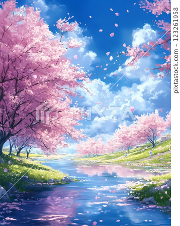 Pink cherry blossom trees by the stream Pink cherry blossom trees by the stream 123261958