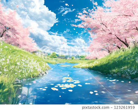 Pink cherry blossom trees by the stream 123261959