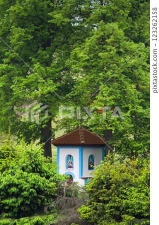 Newly restored old chapel. Old tiny sacral building. Folk architecture. South Moravia, Czech Republic. Newly restored old chapel. Old tiny sacral building. Folk architecture. South Moravia, Czech Republic. 123262158