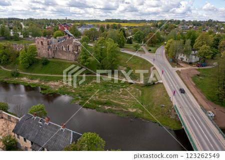 Aerial View of Ruined Castle and Bridge in a Latvian Town Dobele Aerial View of Ruined Castle and Bridge in a Latvian Town Dobele 123262549