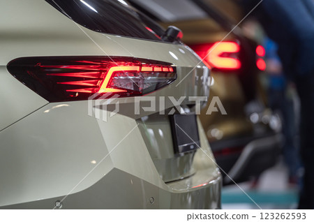 Rear red stop signal lamp on a modern car. Close-up. Selective focus. 123262593