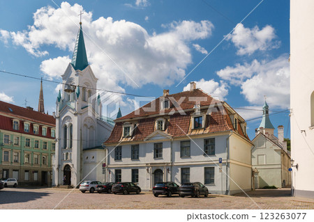 Our Lady of Sorrows Church and historic buildings, Riga old town, Latvia 123263077