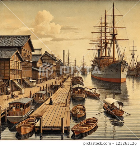 A port town in the Meiji period – a mix of Japanese and Western styles and ships coming and going 123263126