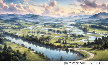 一條美麗的小溪,周圍環繞著蔚藍的天空和綠色的土地 一條美麗的小溪,周圍環繞著蔚藍的天空和綠色的土地 123263139