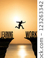 Learning and work concept. Silhouette of jumping student against the sun. 123263342