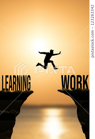 Learning and work concept. Silhouette of jumping student against the sun. 123263342