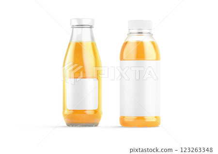 Blank transparent 16 oz plastic and glass orange juice bottle mockup Blank transparent 16 oz plastic and glass orange juice bottle mockup 123263348