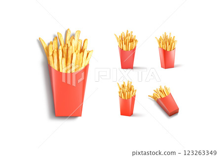 Blank red paper pack with french fries mockup, different views 123263349