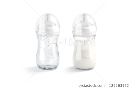 Blank white plastic baby bottle with milk mockup, side view Blank white plastic baby bottle with milk mockup, side view 123263352