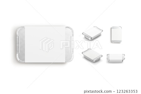 Blank aluminium foil container white paper label mockup, different views Blank aluminium foil container white paper label mockup, different views 123263353