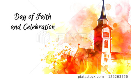 Watercolor illustration of a church steeple with cross and vibrant splashes 123263556