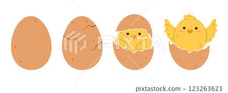 Chicken hatching from egg. Cute yellow chick cracking eggshell. Flat vector isolated illustration 123263623