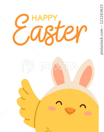 Happy Easter poster or greeting card with cute chick with Easter bunny ears. Flat vector illustration 123263625