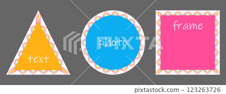 Decorative geometric frame set. Square, circle, triangle shapes background. Zigzag unique green yellow pink colour stripe line, holiday modern graphic, vintage 70s style. Cute vector illustration Decorative geometric frame set. Square, circle, triangle shapes background. Zigzag unique green yellow pink colour stripe line, holiday modern graphic, vintage 70s style. Cute vector illustration 123263726