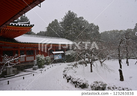 神社花園的景色和暴風雪（平安神宮） 123263838