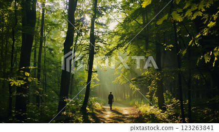 A peaceful scene of a person walking alone on a forest trail, surrounded by tall trees and soft sunlight. Represents nature therapy, mental health, and mindfulness 123263841