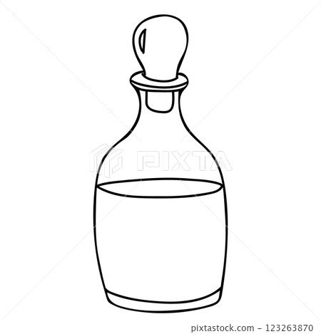 Decanter, Carafe of Vodka, Cognac. Hand drawn Vector illustration in Doodle style isolated on a white background. A simple minimalist Black and white illustration. Perfect for use in menu design 123263870