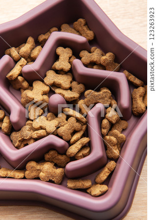 Dry dog food shaped like bones filling interactive bowl puzzle feeder slow feeder Dry dog food shaped like bones filling interactive bowl puzzle feeder slow feeder 123263923