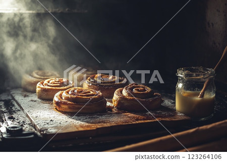 Freshly Baked Cinnamon Rolls in the Oven 123264106
