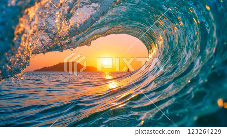 Beautiful sunset seen through curling ocean wave highlighting vivid orange and blue hues distant mountains calm sea, beach ocean nature themed project 123264229