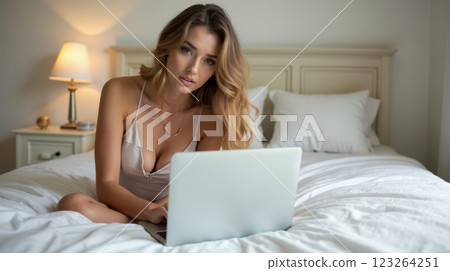 Young woman working on laptop in cozy bedroom, relaxed atmosphere, casual outfit, morning routine, stylish design, modern lifestyle, home workspace, online communication 123264251