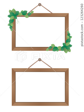 牆上掛著綠色植物裝飾的木製框架 123264260
