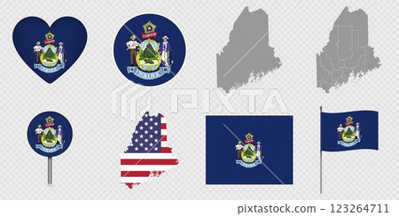Maine State Flags and Maps Icon Pack. Vector illustration. 123264711