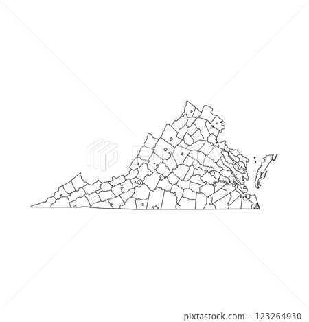 Virginia, VA - detailed political map of US state. Administrative map divided into counties. Thin blank black outline map. Vector illustration 123264930