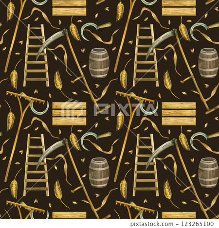 Harvesting, wheat, scythe for mowing, sickle, storage box and barrel, ladder, wheat grains, wheat ears. All objects are hand-drawn with watercolor. Seamless watercolor pattern. For design, creativity. Harvesting, wheat, scythe for mowing, sickle, storage box and barrel, ladder, wheat grains, wheat ears. All objects are hand-drawn with watercolor. Seamless watercolor pattern. For design, creativity. 123265100