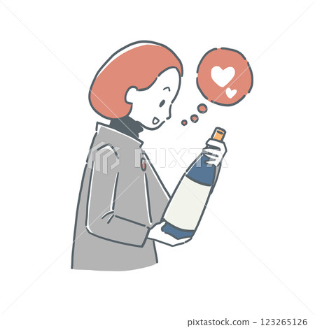 一位女士高興地看著一瓶清酒的插圖 123265126