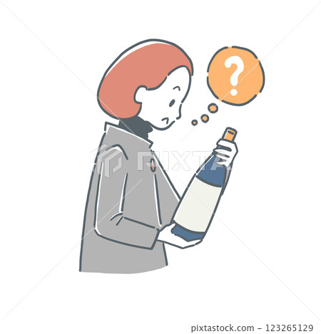 一位女士對一瓶酒感到疑惑的插圖 123265129