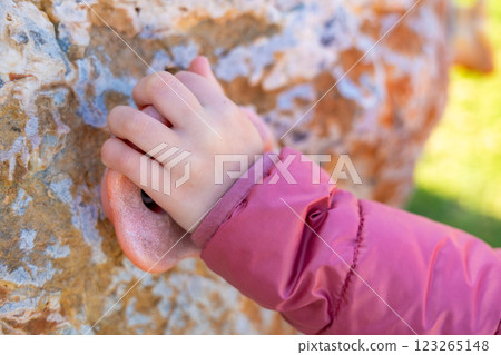 Close up view of hand of little girl climbing an artificial climbing wall in a playground, developing strength and coordination Close up view of hand of little girl climbing an artificial climbing wall in a playground, developing strength and coordination 123265148