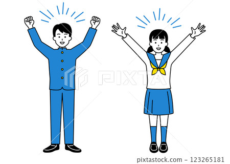 Set of male and female students (whole body) cheering with arms raised Set of male and female students (whole body) cheering with arms raised 123265181
