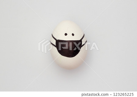 Easter eggs with Corona virus COVID19 protection concepts. DIY Do It Yourself easter eggs wearing mask for Easter holidays decoration on white background Selective focus with copy space. 123265225