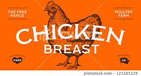 Chicken, hen with nest, eggs. Sketch artwork silhouette chicken with nest, eggs. Label, tag, chicken nest, eggs sketch ink pencil style drawing, engrave old school style. Vector Illustration 123265229