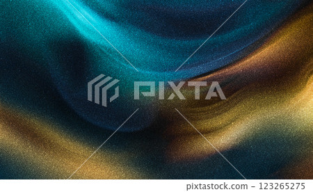 Flowing colors blend together in a captivating turquoise and gold gradient, creating a smooth, textured appearance with a hint of noise throughout the design. 123265275