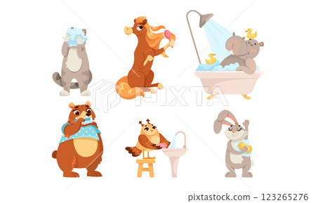 Animal Characters and Hygiene Rules Washing and Grooming Vector Set 123265276