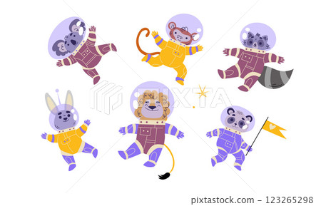 Cute Animal Astronaut Characters in Space Suit Vector Set 123265298