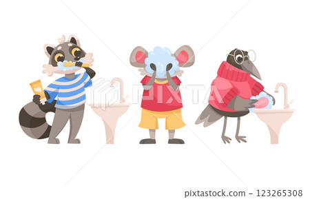 Animal Characters and Hygiene Rules Washing and Grooming Vector Set Animal Characters and Hygiene Rules Washing and Grooming Vector Set 123265308