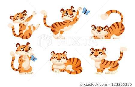 Cute Tiger Cub with Striped Orange Fur in Different Pose Vector Set 123265330