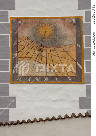 Sundial of the wall of a church, Kajov, Czechia Sundial of the wall of a church, Kajov, Czechia 123265388