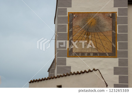 Sundial of the wall of a church, Kajov, Czechia Sundial of the wall of a church, Kajov, Czechia 123265389