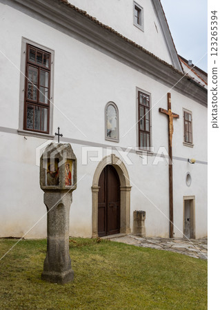 Detail of buildings in the church area, Kajov, Czechia 123265394