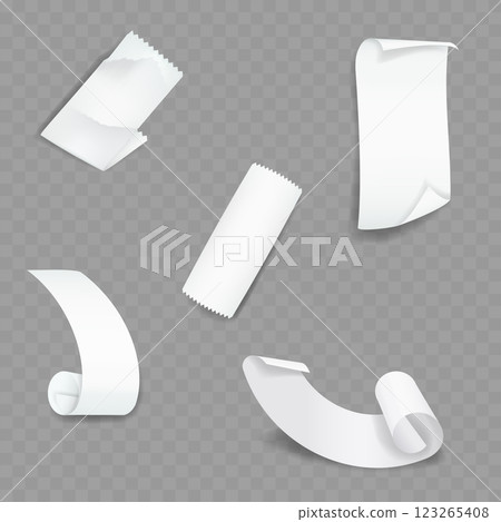 White Paper Roll and Sheet Mockup Set. Vector 123265408