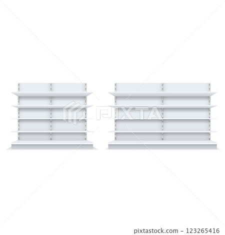 Realistic White Retail Shelving Units Mockup. Vector 123265416