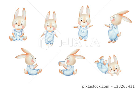 Set of cute watercolor bunnies in blue overalls. Watercolor illustration, isolated on a white background, hand drawn. For children's birthday party, card design, invitations Set of cute watercolor bunnies in blue overalls. Watercolor illustration, isolated on a white background, hand drawn. For children's birthday party, card design, invitations 123265431