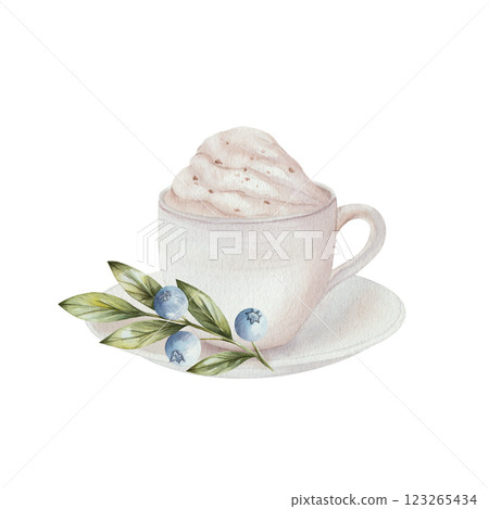 Cup of white coffee, hot chocolate and cream with coffee beans, with a saucer and blueberries with green leaves. Watercolor illustration, isolated on white background. For menu design, cards, cooking 123265434