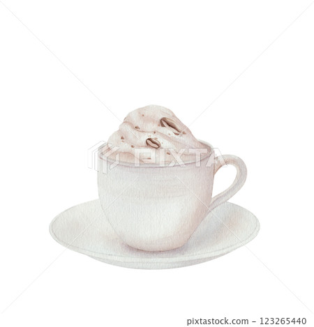 Cup of white coffee with hot chocolate and cream with coffee beans, with a saucer. Classic. Watercolor illustration, isolated on a white background. For cafe menu design, textiles, cards, cooking Cup of white coffee with hot chocolate and cream with coffee beans, with a saucer. Classic. Watercolor illustration, isolated on a white background. For cafe menu design, textiles, cards, cooking 123265440